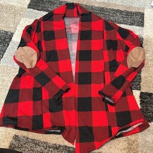 Buffalo check open cardigan, black and red, size L EUC!